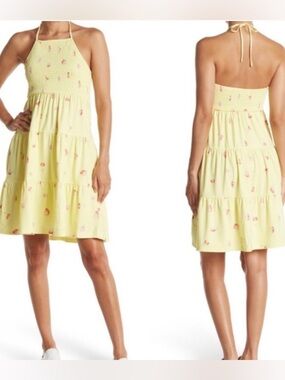 Nordstrom Abound Tiered Halter Dress in Yellow with Strawberries Smocked Back